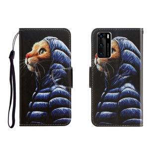 For Huawei P40 Colored Drawing Horizontal Flip Leather Case with Holder & Card Slot & Wallet(Down Jacket Cat)