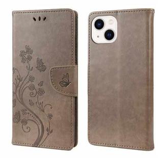 For iPhone 14 Butterfly Flower Pattern Flip Leather Phone Case (Grey)