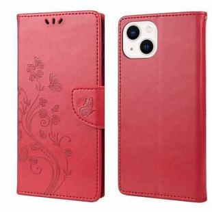 For iPhone 14 Butterfly Flower Pattern Flip Leather Phone Case (Red)