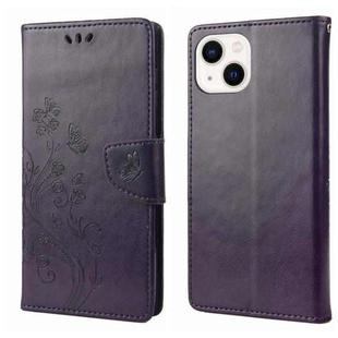 For iPhone 14 Butterfly Flower Pattern Flip Leather Phone Case (Deep Purple)