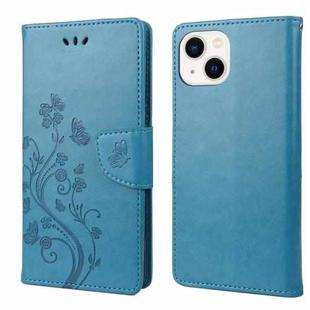 For iPhone 14 Butterfly Flower Pattern Flip Leather Phone Case (Blue)