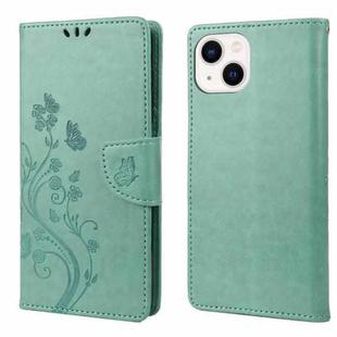 For iPhone 14 Butterfly Flower Pattern Flip Leather Phone Case (Green)