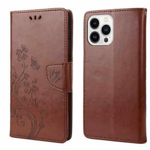 For iPhone 14 Pro Max Butterfly Flower Pattern Flip Leather Phone Case (Brown)