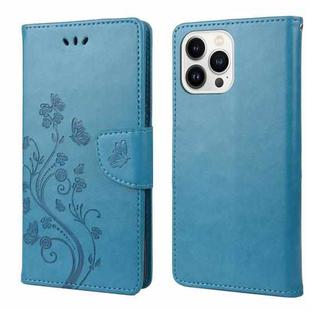 For iPhone 14 Pro Max Butterfly Flower Pattern Flip Leather Phone Case (Blue)