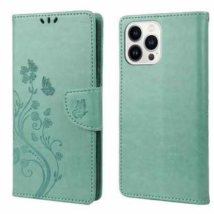 For iPhone 14 Pro Max Butterfly Flower Pattern Flip Leather Phone Case (Green)