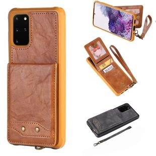 For Galaxy S20+ Vertical Flip Shockproof Leather Protective Case with Short Rope, Support Card Slots & Bracket & Photo Holder & Wallet Function(Brown)