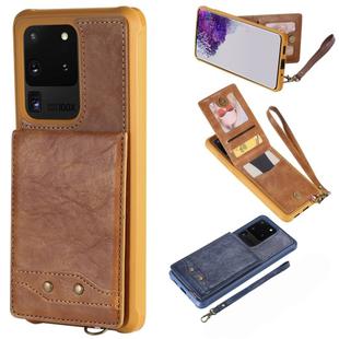 For Galaxy S20 Ultra Vertical Flip Shockproof Leather Protective Case with Short Rope, Support Card Slots & Bracket & Photo Holder & Wallet Function(Brown)
