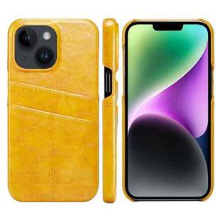 For iPhone 14 Plus Fierre Shann Retro Oil Wax Texture PU Leather Case with Card Slots (Yellow)