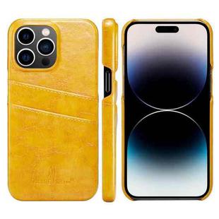 For iPhone 14 Pro Fierre Shann Retro Oil Wax Texture PU Leather Case with Card Slots(Yellow)