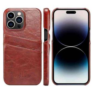 For iPhone 14 Pro Fierre Shann Retro Oil Wax Texture PU Leather Case with Card Slots(Brown)