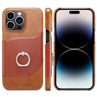 For iPhone 14 Pro Max Fierre Shann Oil Wax Texture Genuine Leather Back Case (Brown)