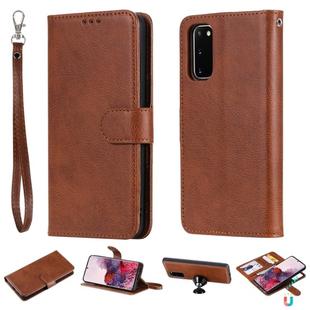 For Galaxy S20 2 in 1 Solid Color Detachable PU Leather Case with Card Slots & Magnetic Holder & Photo Frame & Wallet & Strap(Brown)