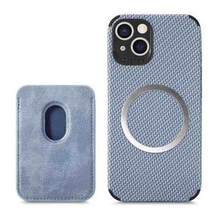 For iPhone 14 Plus Carbon Fiber Leather Card Magsafe Case (Blue)