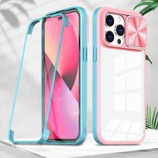For iPhone 14 Pro 360 Full Body Sliding Camshield Phone Case(Pink Green)