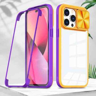 For iPhone 14 Pro 360 Full Body Sliding Camshield Phone Case(Yelllow Purple)