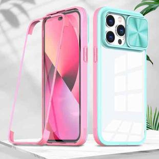 For iPhone 14 Pro Max 360 Full Body Sliding Camshield Phone Case (Baby Blue Pink)