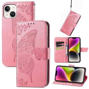 For iPhone 14 Plus Butterfly Embossing Leather Case (Pink)