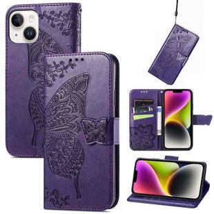 For iPhone 14 Plus Butterfly Embossing Leather Case (Dark Purple)