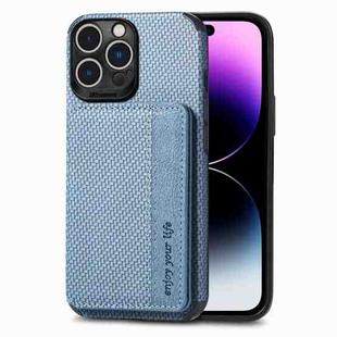 For iPhone 14 Pro Max Carbon Fiber Magnetic Card Bag Phone Case (Blue)