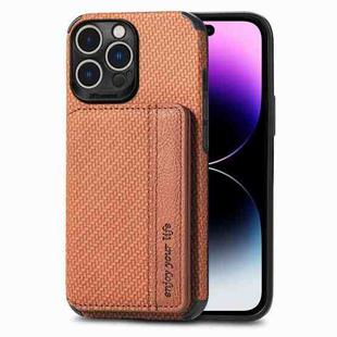 For iPhone 14 Pro Carbon Fiber Magnetic Card Bag Phone Case(Brown)