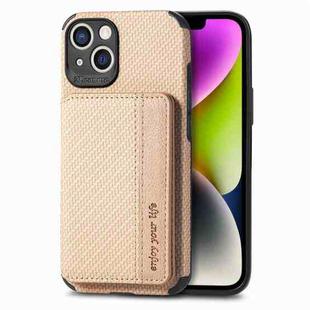 For iPhone 14 Plus Carbon Fiber Magnetic Card Bag Phone Case (Khaki)