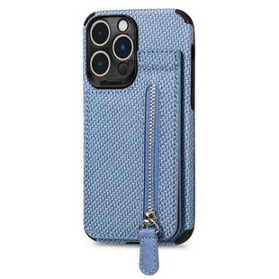 For iPhone 14 Pro Max Carbon Fiber Vertical Flip Zipper Phone Case (Blue)