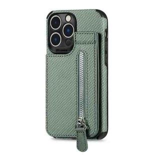 For iPhone 14 Pro Max Carbon Fiber Vertical Flip Zipper Phone Case (Green)