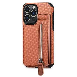 For iPhone 14 Pro Max Carbon Fiber Vertical Flip Zipper Phone Case (Brown)