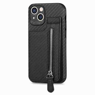 For iPhone 14 Plus Carbon Fiber Vertical Flip Zipper Phone Case (Black)