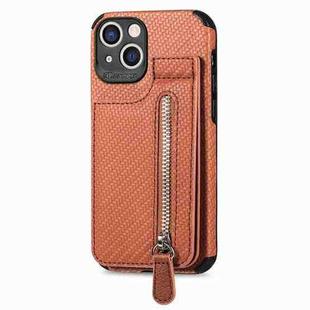 For iPhone 14 Plus Carbon Fiber Vertical Flip Zipper Phone Case (Brown)
