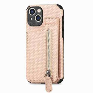 For iPhone 14 Carbon Fiber Vertical Flip Zipper Phone Case (Khaki Apricot)