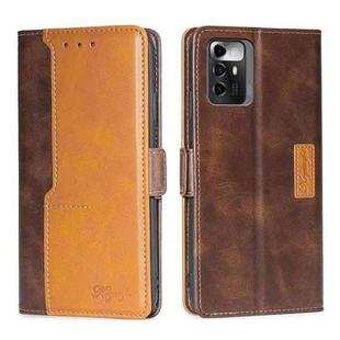 For ZTE Blade A72 5G Contrast Color Side Buckle Leather Phone Case(Dark Brown + Gold)