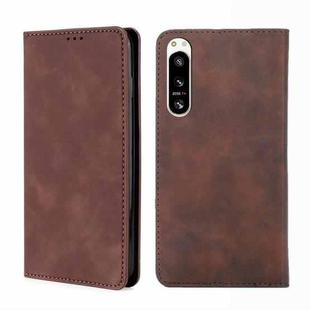 For Sony Xperia 5 IV Skin Feel Magnetic Horizontal Flip Leather Phone Case(Dark Brown)