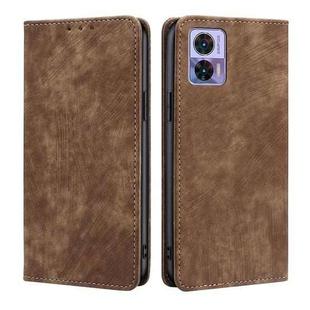 For Motorola Edge 30 Neo RFID Anti-theft Brush Magnetic Leather Phone Case(Brown)