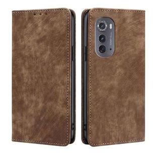 For Motorola Edge 2022 RFID Anti-theft Brush Magnetic Leather Phone Case(Brown)