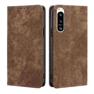 For Sony Xperia 5 IV RFID Anti-theft Brush Magnetic Leather Phone Case(Brown)