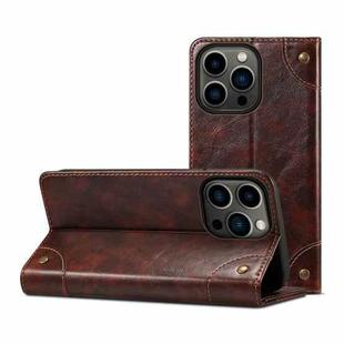 For iPhone 14 Pro Max Baroque Simple Flip Leather Phone Case (Dark Brown)