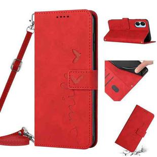 For Tecno Spark 9T Skin Feel Heart Pattern Leather Phone Case with Lanyard(Red)