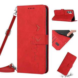 For Tecno Pova 3 Skin Feel Heart Pattern Leather Phone Case with Lanyard(Red)