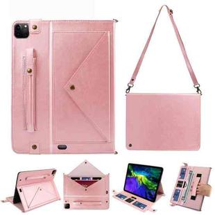 For iPad Pro 12.9 2021 / 2020 Envelope Horizontal Flip PU Leather Tablet Case with Card Slots & Pen Slots & Holder & Wallet & Photo Frame & Shoulder Strap(Rose Gold)