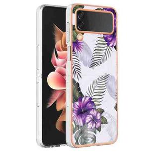 For Samsung Galaxy Z Flip4 Electroplating IMD TPU Phone Case with Ring(Purple Flower)