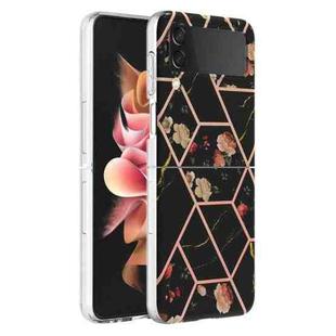 For Samsung Galaxy Z Flip4 Electroplating Marble Flower Pattern TPU Phone Case(Black Flower)
