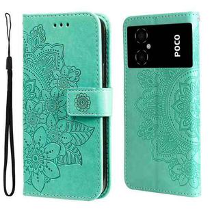 For Xiaomi Poco M4 5G 7-petal Flowers Embossing Leather Phone Case(Green)