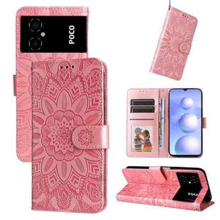 For Xiaomi Poco M4 5G Embossed Sunflower Leather Phone Case(Pink)