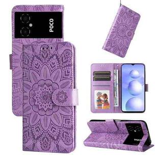 For Xiaomi Poco M4 5G Embossed Sunflower Leather Phone Case(Purple)