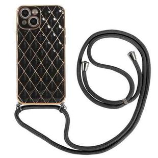 For iPhone 14 Plus Electroplating Lambskin Lanyard Phone Case(Black)
