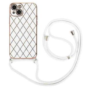 For iPhone 14 Plus Electroplating Lambskin Lanyard Phone Case(White)