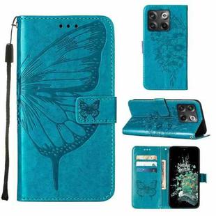 For OnePlus 10T 5G Global Embossed Butterfly Flip Leather Phone Case(Blue)