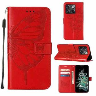For OnePlus 10T 5G Global Embossed Butterfly Flip Leather Phone Case(Red)