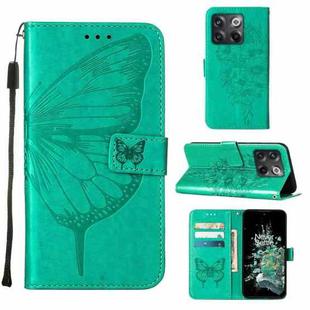 For OnePlus 10T 5G Global Embossed Butterfly Flip Leather Phone Case(Green)